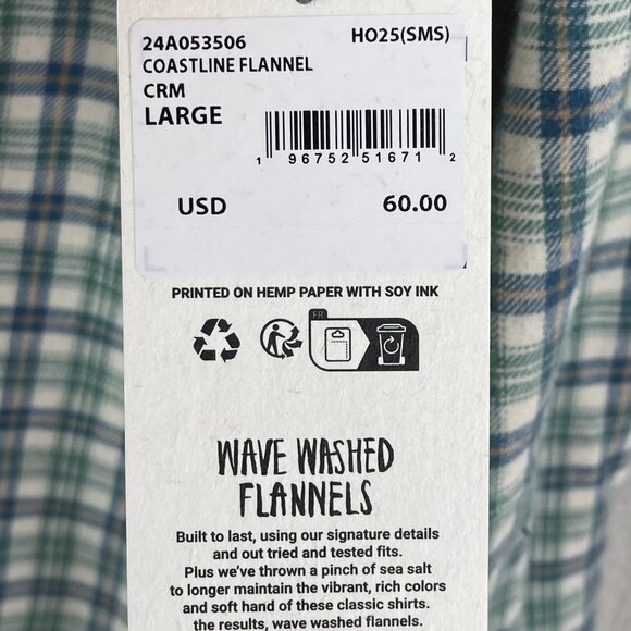 NEW Billabong Mens Large Coastline Flannel Shirt Green Plaid Wave Washed - Picture 4 of 9